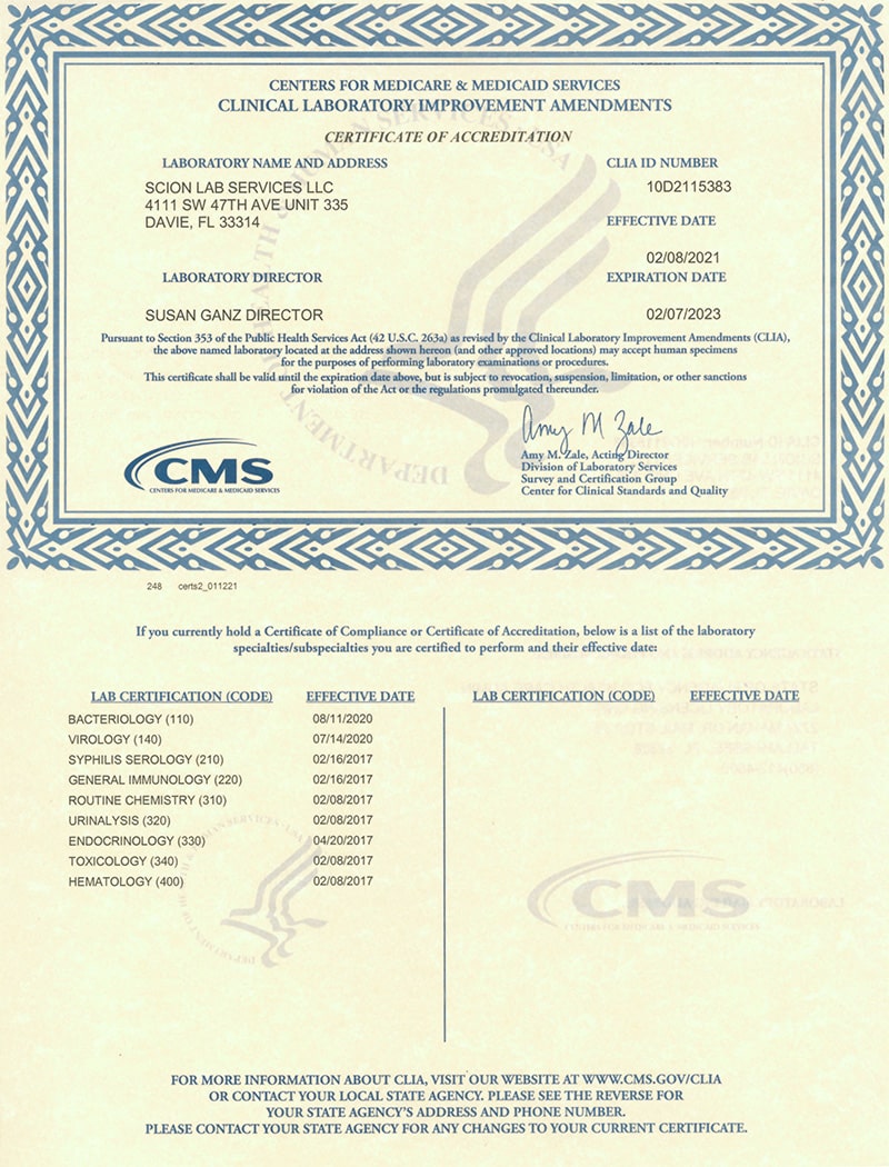Licensed under the Clinical Laboratory Improvement Amendments of 1988 (CLIA)